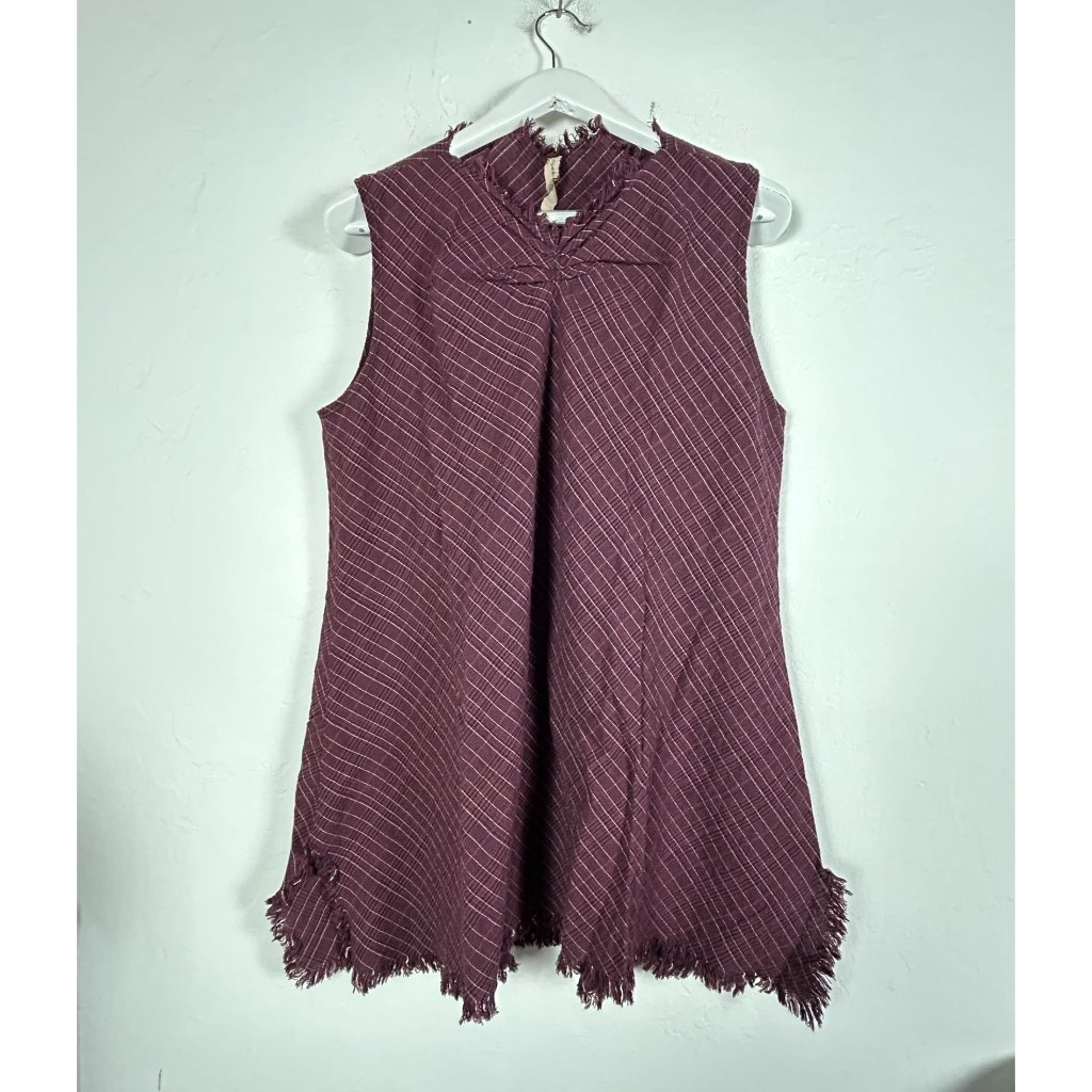 Cynthia Ashby Womens Wine Plaid Tunic Top Large Fringed Hem Sleeveless New